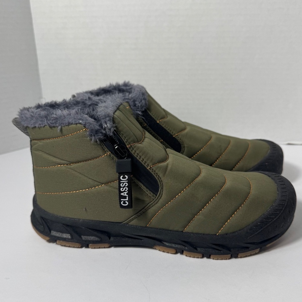 Classic Men Olive Green Quilted‎ Puffer Snow Boots Faux Fur Lined  US 6.5